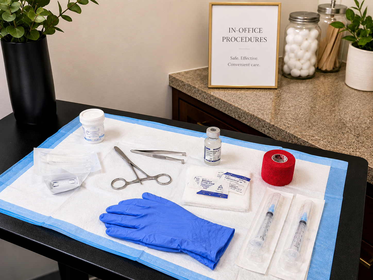 Sterile in-office procedure tray with instruments, gauze and supplies at Evansville Primary Care.