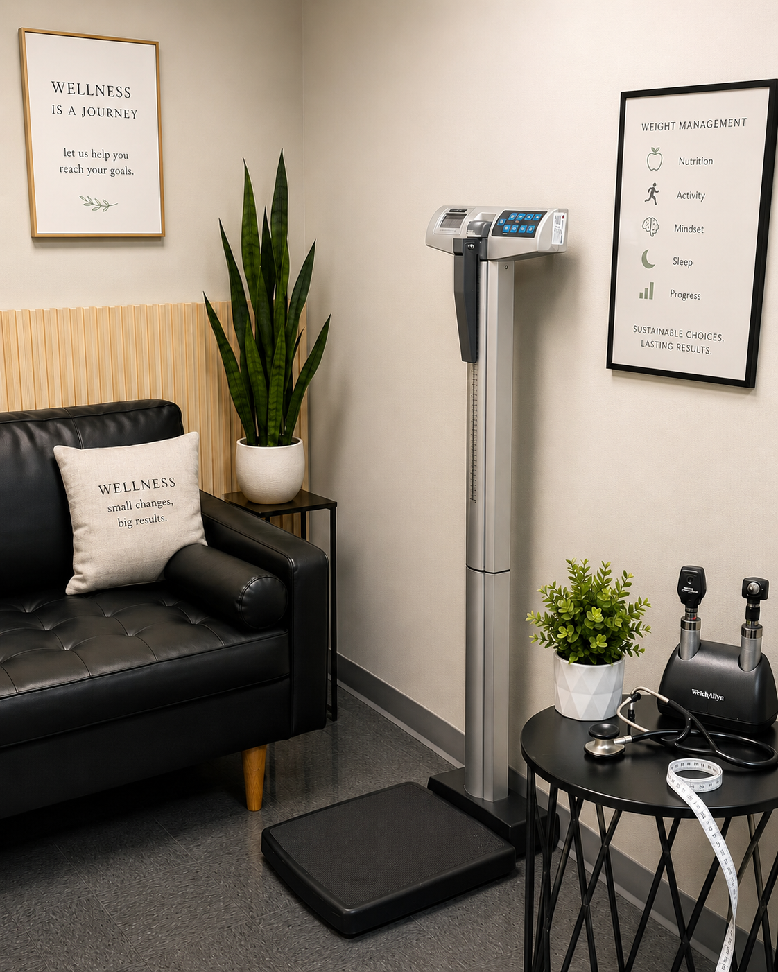Wellness and weight management room at Evansville Primary Care with a medical scale, seating and encouraging wall art.