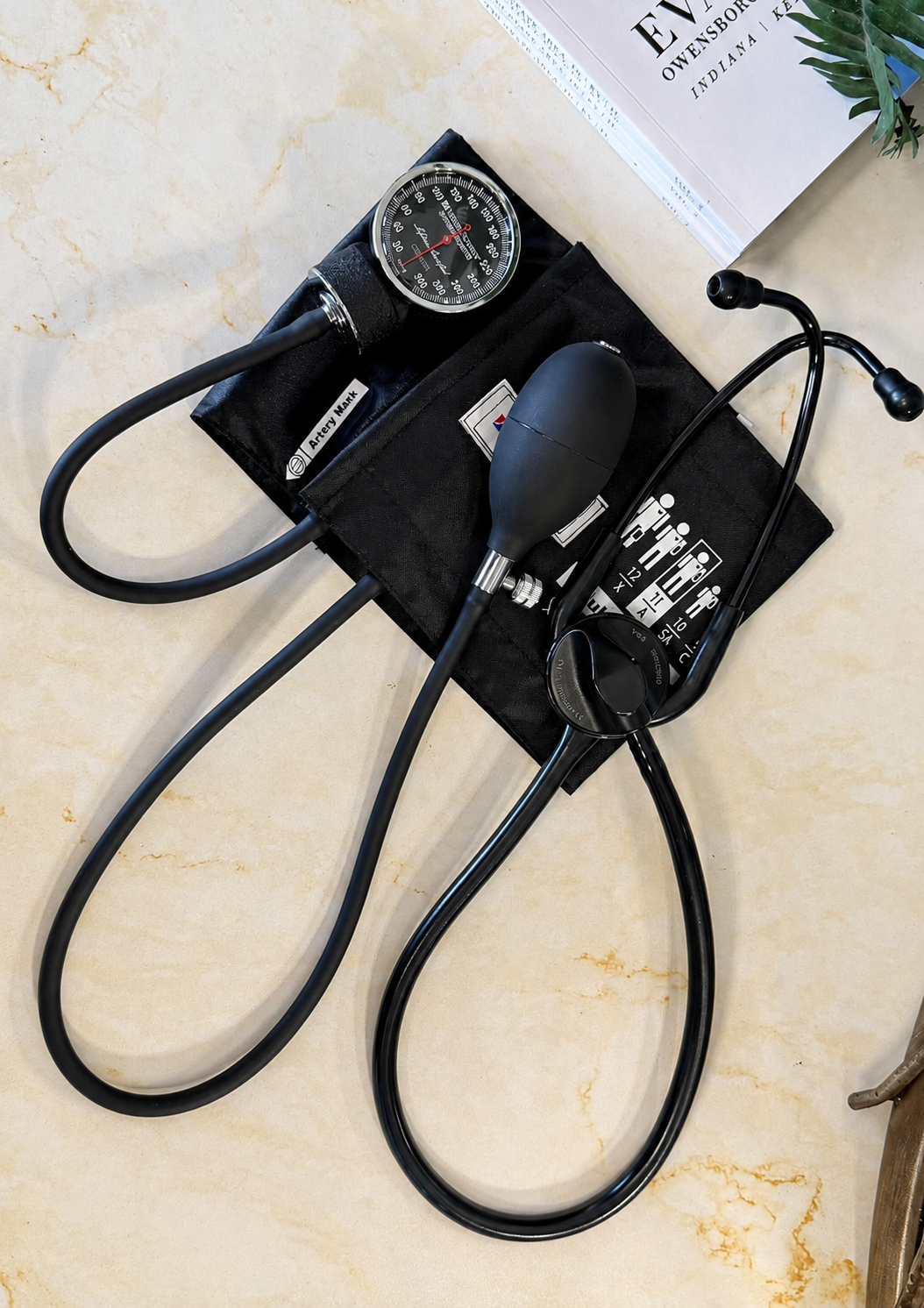 Blood pressure cuff and stethoscope laid out for a routine checkup at Evansville Primary Care.